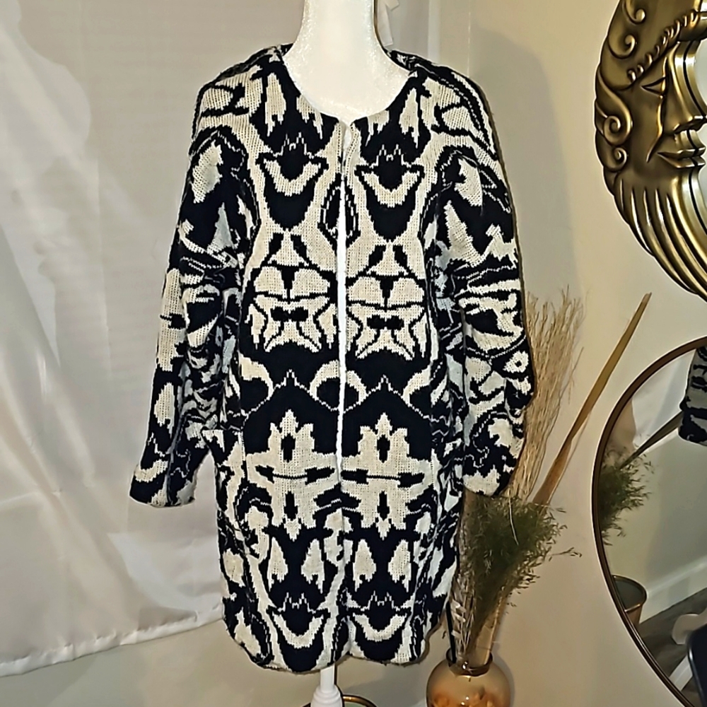 Sciba knitwear vintage cardigan open front abstract print rorschach design M/L
